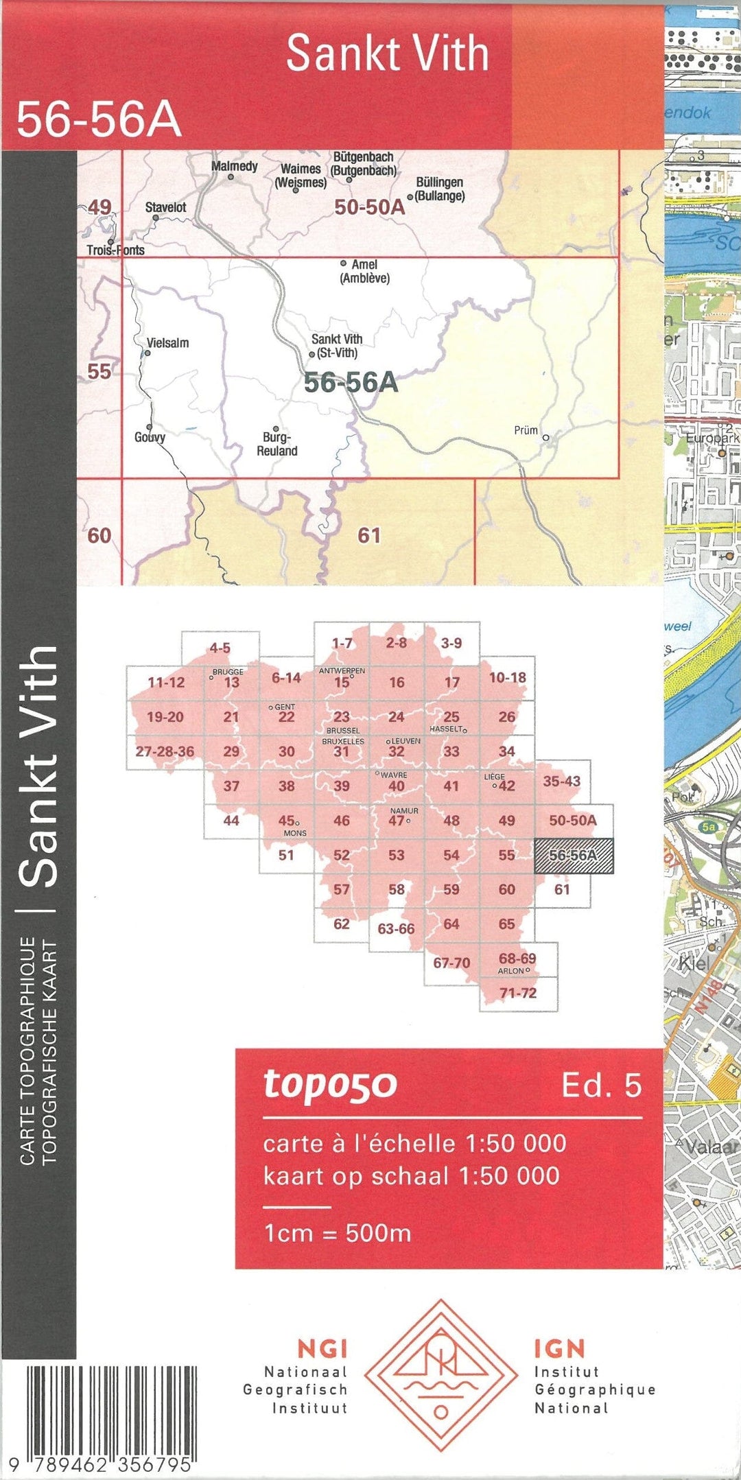 Carte topographique n° 56-56A - Sankt Vith (Belgique) | NGI - 1/50 000 carte pliée IGN Belgique 