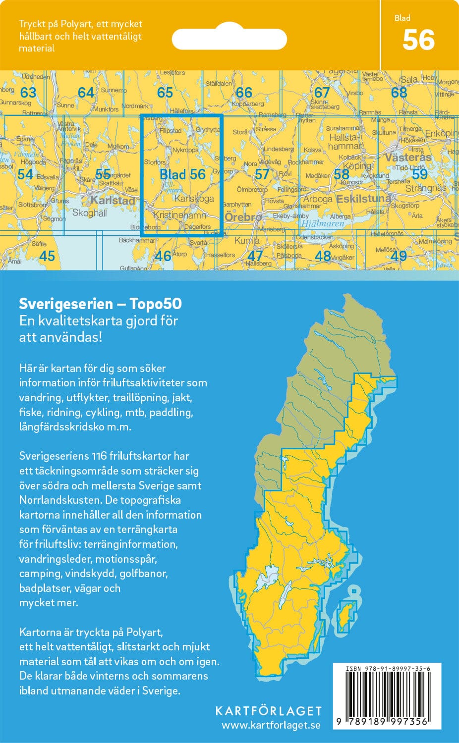 Carte topographique n° 56 - Karlskoga (Suède) | Norstedts - Sverigeserien carte de randonnée Norstedts