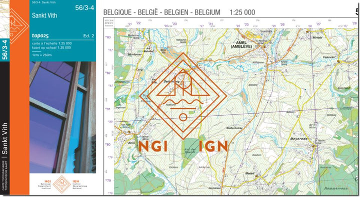 Carte topographique n° 56/3-4 - Sankt Vith (Belgique) | NGI topo 25 carte de randonnée IGN Belgique 
