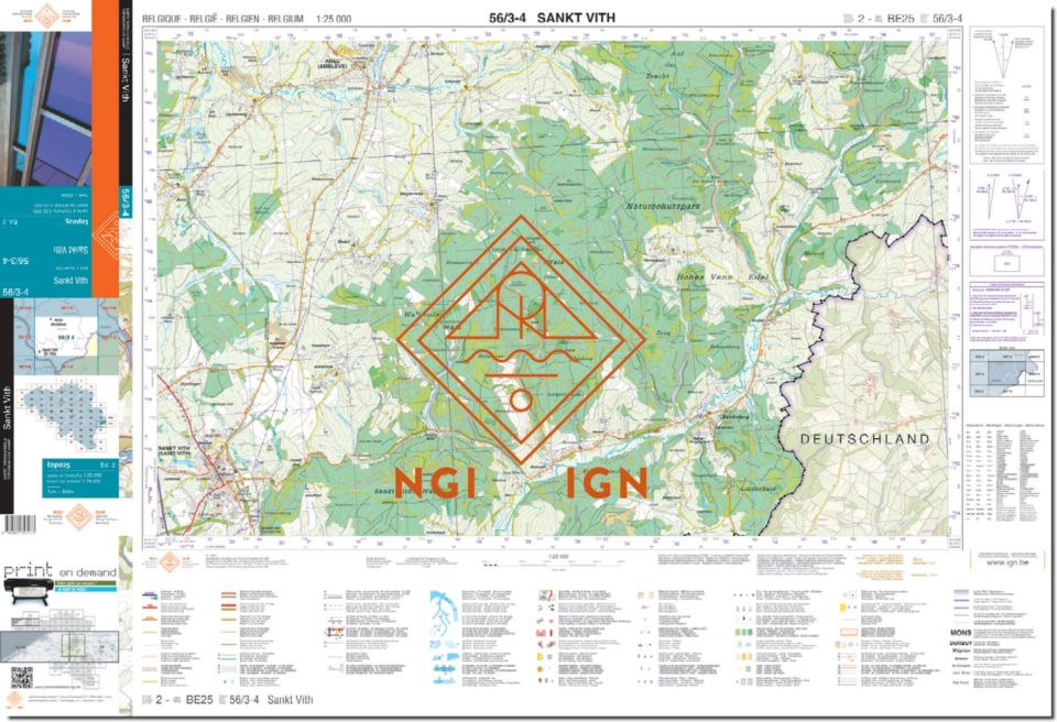 Carte topographique n° 56/3-4 - Sankt Vith (Belgique) | NGI topo 25 carte de randonnée IGN Belgique 