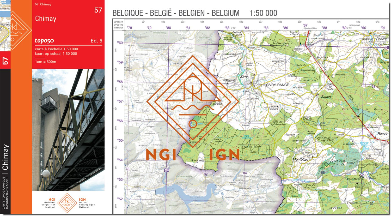 Carte topographique n° 57 - Chimay (Belgique) | NGI - 1/50 000 carte de randonnée IGN Belgique 