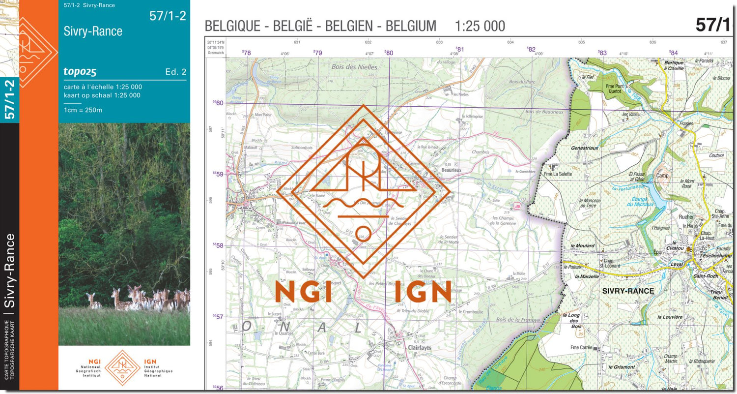 Carte topographique n° 57/1-2 - Sivry-Rance (Belgique) | NGI topo 25 carte de randonnée IGN Belgique 