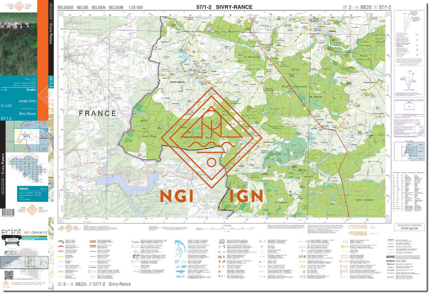 Carte topographique n° 57/1-2 - Sivry-Rance (Belgique) | NGI topo 25 carte de randonnée IGN Belgique 