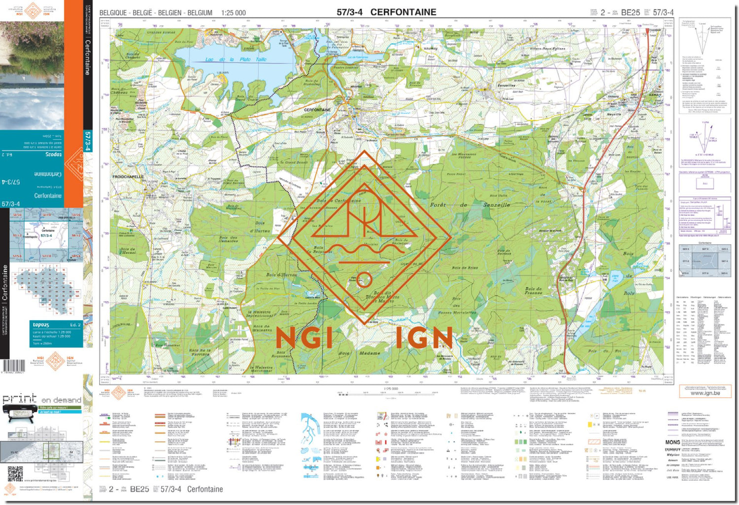 Carte topographique n° 57/3-4 - Cerfontaine (Belgique) | NGI topo 25 carte de randonnée IGN Belgique 