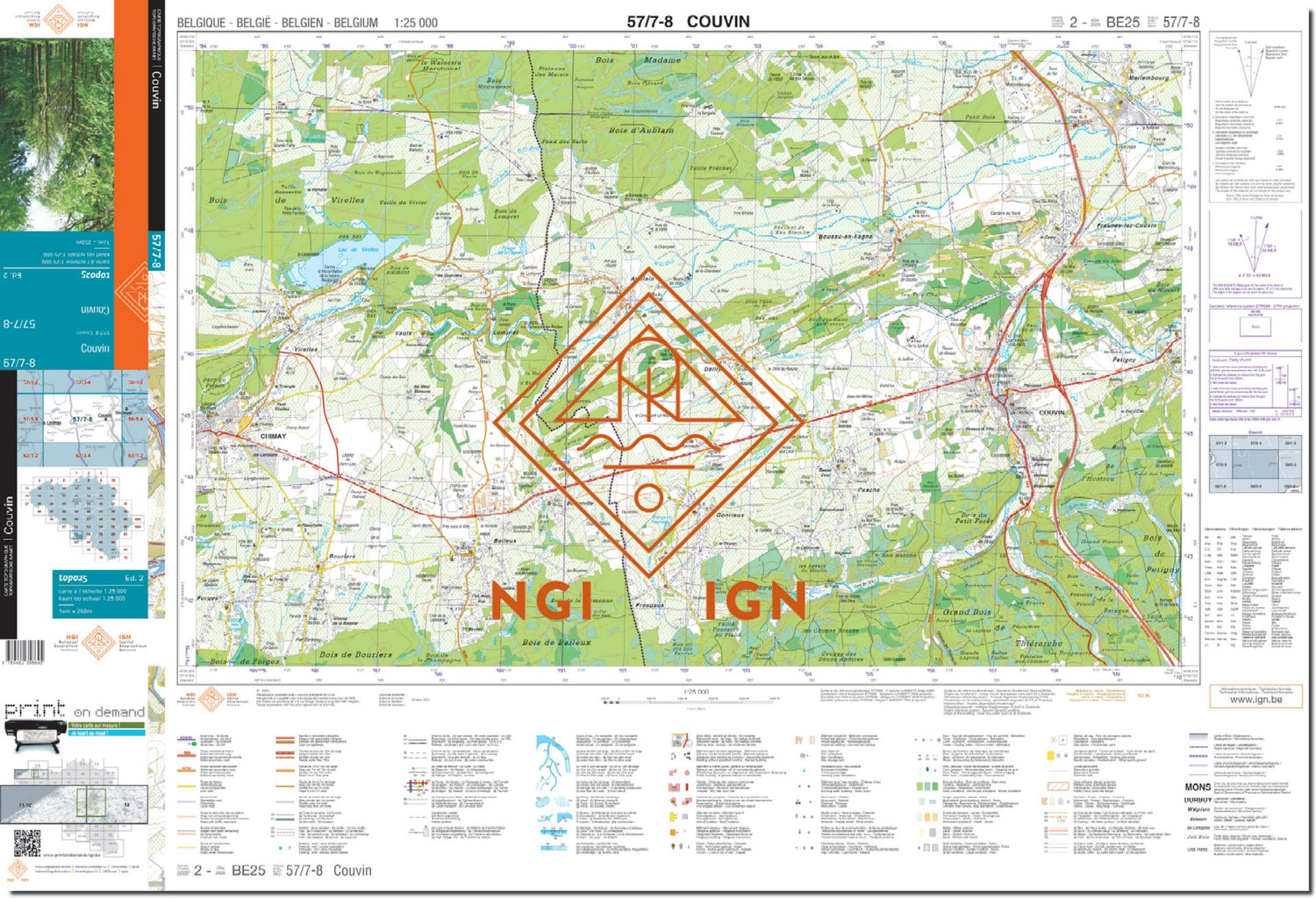 Carte topographique n° 57/7-8 - Couvin (Belgique) | NGI topo 25 carte de randonnée IGN Belgique 