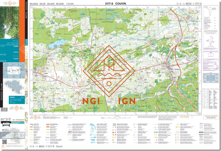 Carte topographique n° 57/7-8 - Couvin (Belgique) | NGI topo 25 carte de randonnée IGN Belgique 