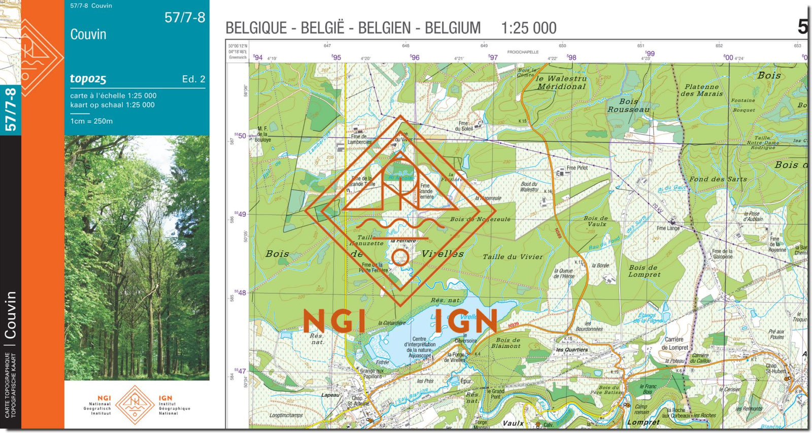 Carte topographique n° 57/7-8 - Couvin (Belgique) | NGI topo 25 carte de randonnée IGN Belgique 