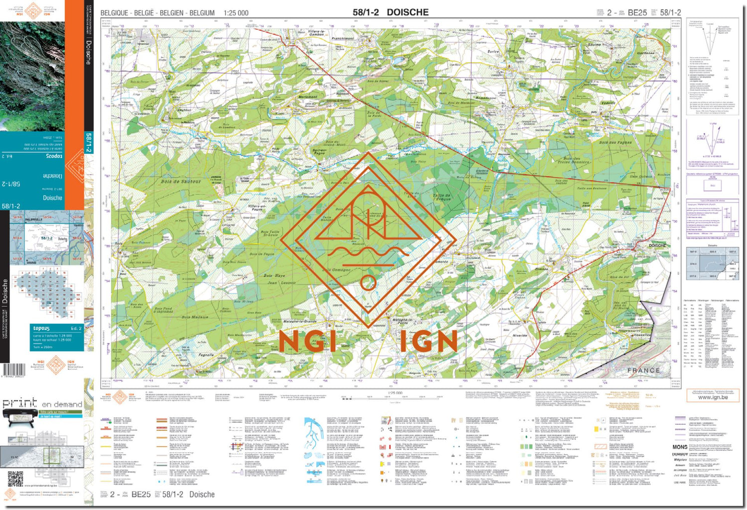 Carte topographique n° 58/1-2 - Doische (Belgique) | NGI topo 25 carte de randonnée IGN Belgique 
