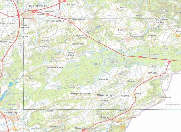 Carte topographique n° 58/1-2 - Doische (Belgique) | NGI topo 25 carte de randonnée IGN Belgique 