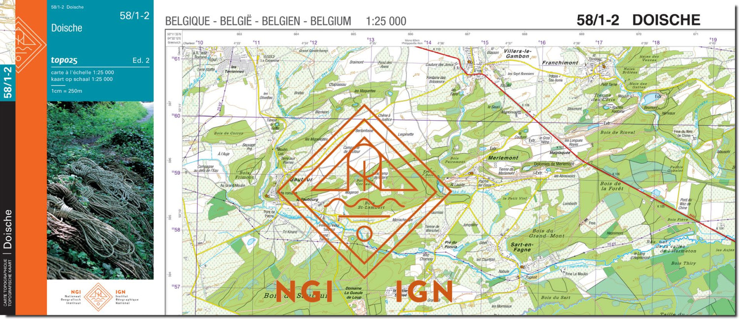 Carte topographique n° 58/1-2 - Doische (Belgique) | NGI topo 25 carte de randonnée IGN Belgique 