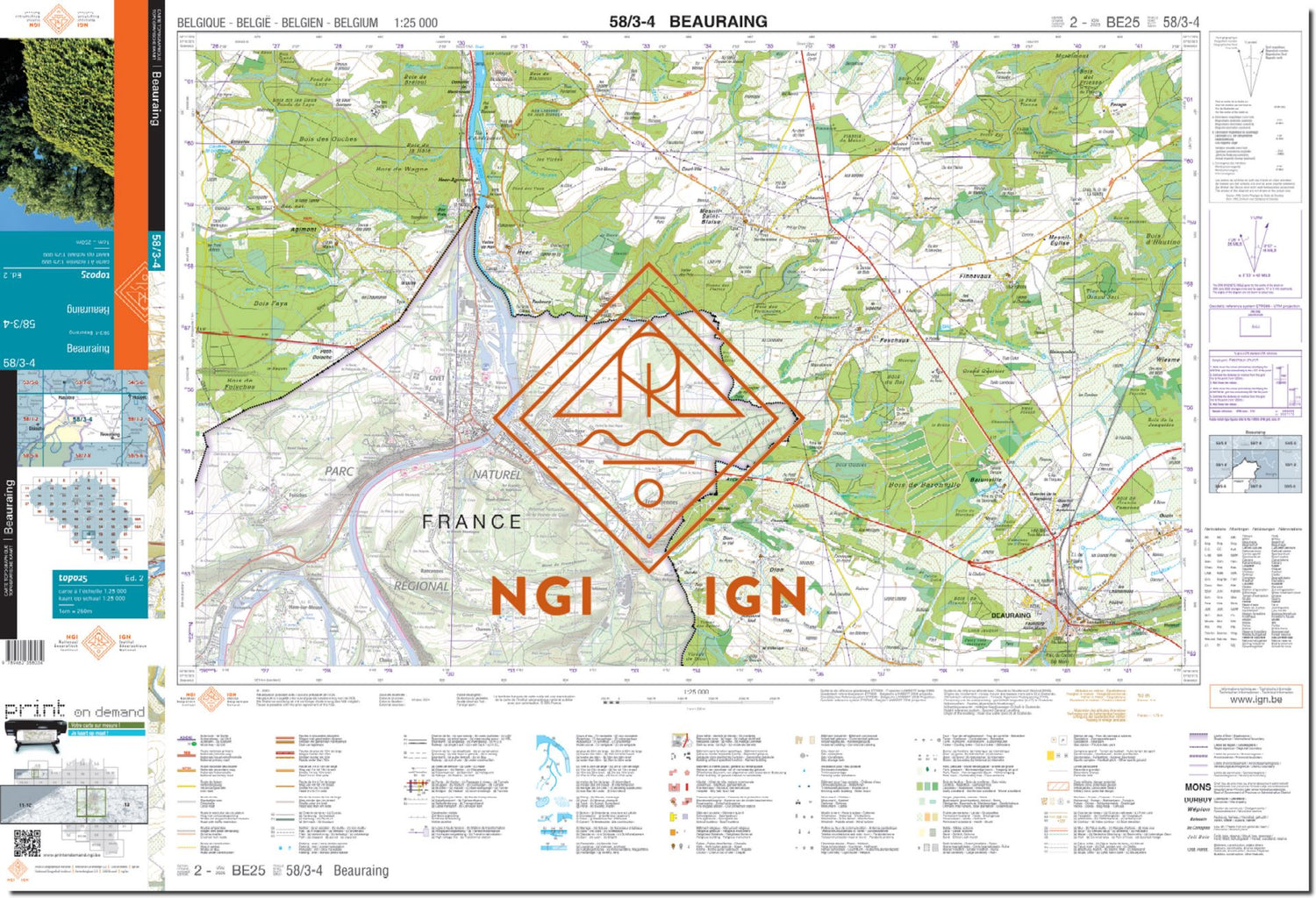 Carte topographique n° 58/3-4 - Beauraing (Belgique) | NGI topo 25 carte de randonnée IGN Belgique 