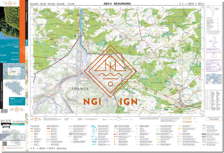 Carte topographique n° 58/3-4 - Beauraing (Belgique) | NGI topo 25 carte de randonnée IGN Belgique 