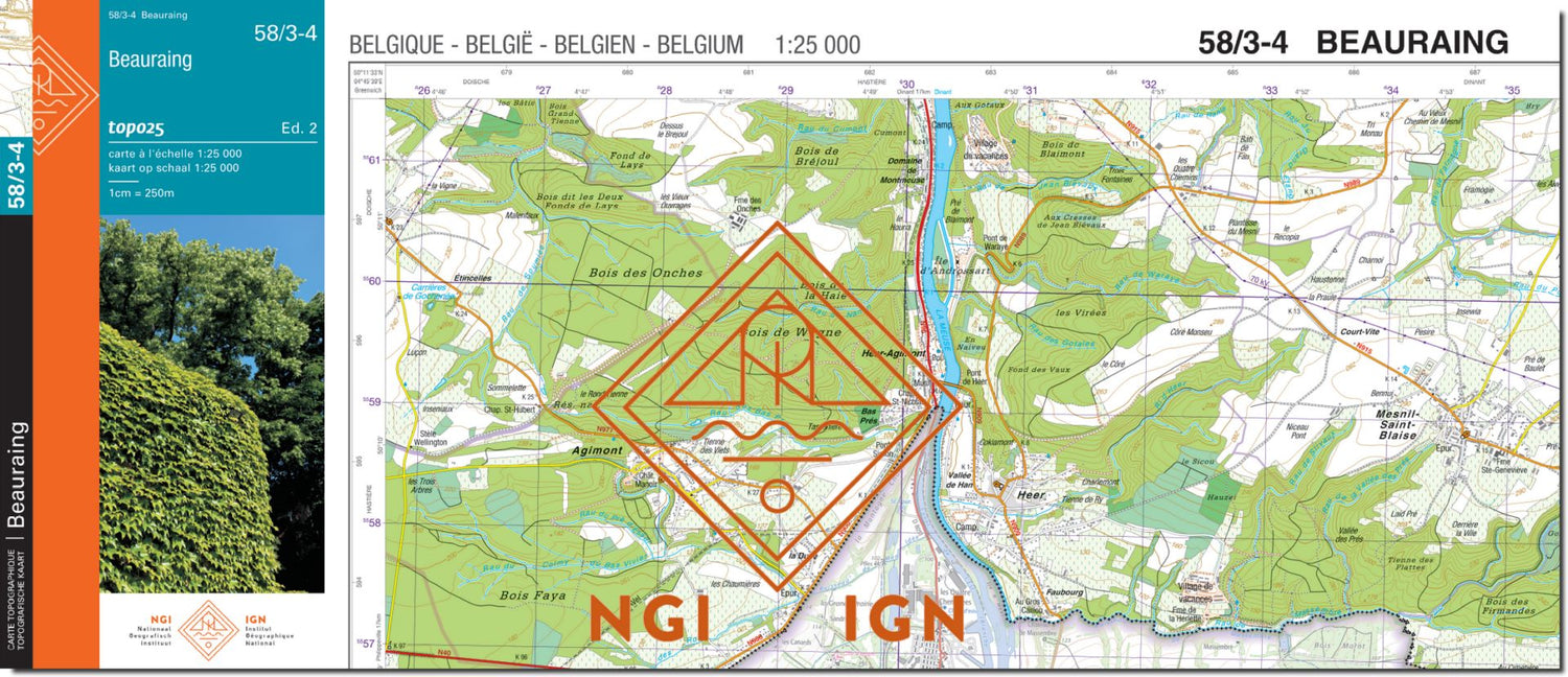 Carte topographique n° 58/3-4 - Beauraing (Belgique) | NGI topo 25 carte de randonnée IGN Belgique 