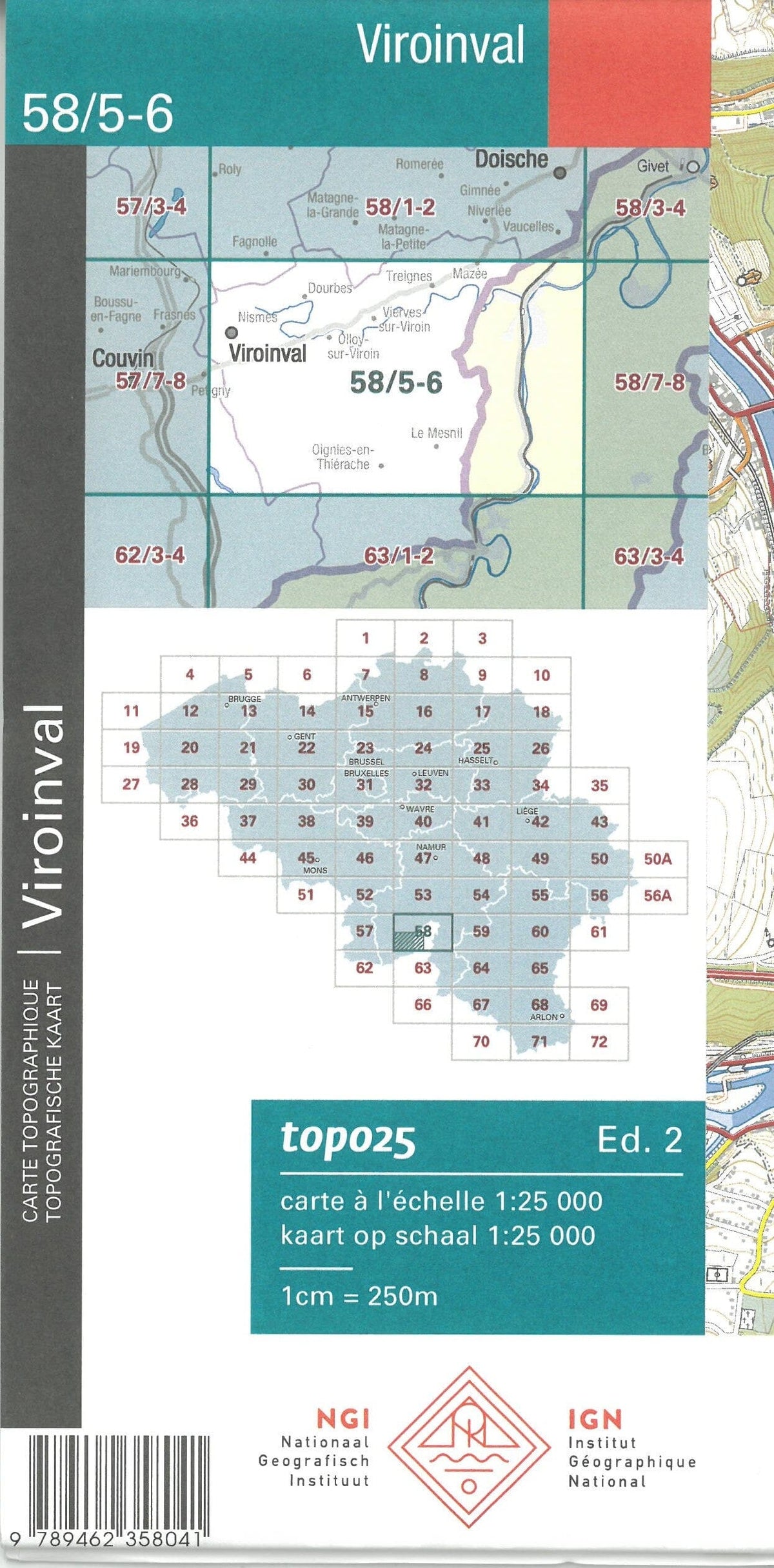 Carte topographique n° 58/5-6 - Viroinval (Belgique) | NGI topo 25 carte de randonnée IGN Belgique 