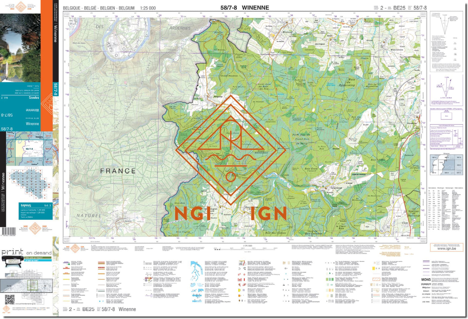 Carte topographique n° 58/7-8 - Winenne (Belgique) | NGI topo 25 carte de randonnée IGN Belgique 