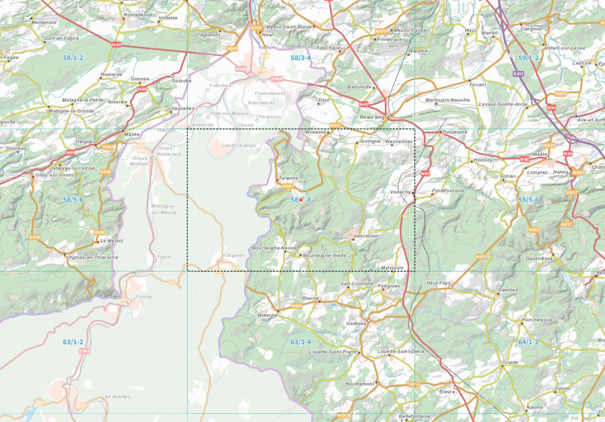 Carte topographique n° 58/7-8 - Winenne (Belgique) | NGI topo 25 carte de randonnée IGN Belgique 