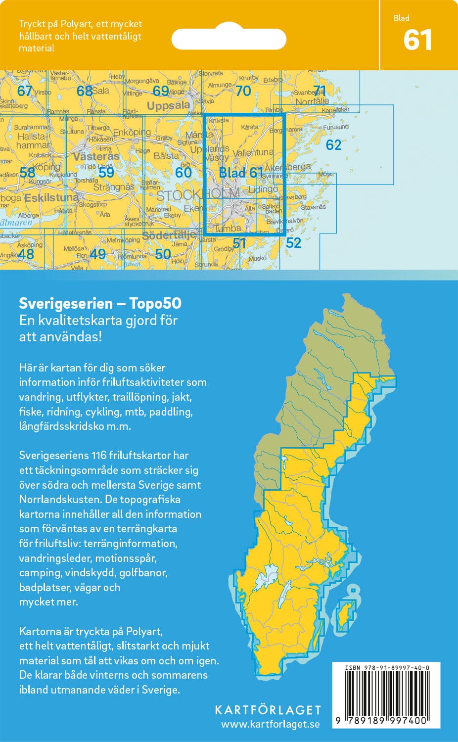 Carte topographique n° 61 - Stockholm (Suède) | Norstedts - Sverigeserien carte de randonnée Norstedts 
