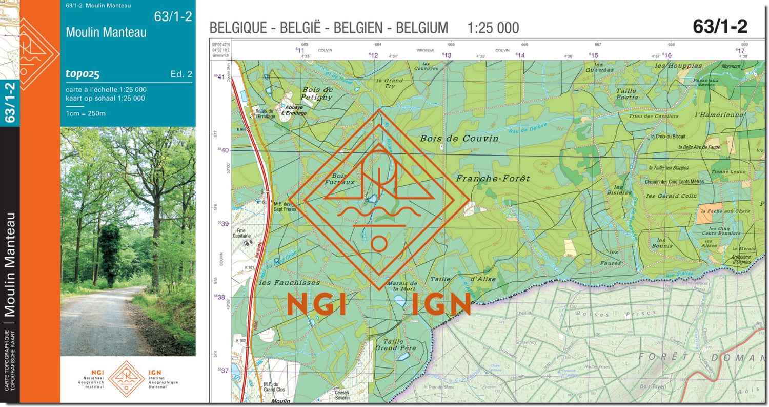 Carte topographique n° 63/1-2 - Moulin Manteau (Belgique) | NGI topo 25 carte de randonnée IGN Belgique 