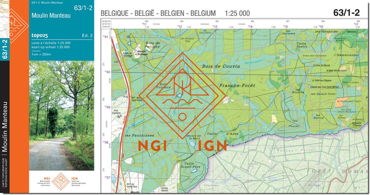 Carte topographique n° 63/1-2 - Moulin Manteau (Belgique) | NGI topo 25 carte de randonnée IGN Belgique 
