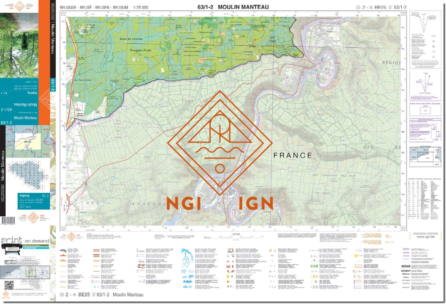 Carte topographique n° 63/1-2 - Moulin Manteau (Belgique) | NGI topo 25 carte de randonnée IGN Belgique 