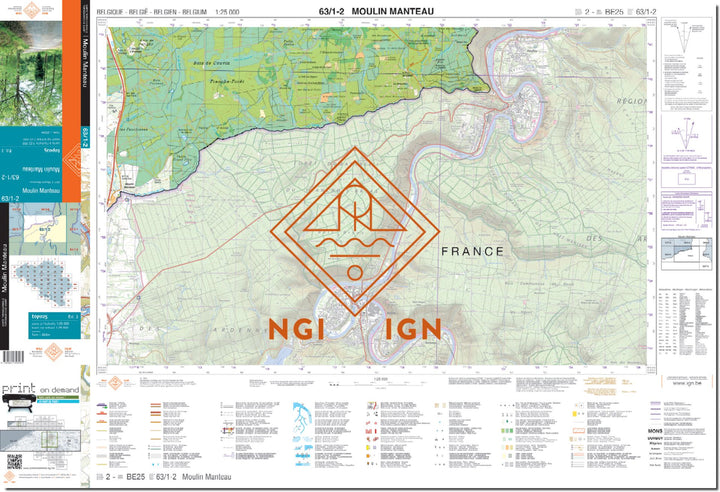 Carte topographique n° 63/1-2 - Moulin Manteau (Belgique) | NGI topo 25 carte de randonnée IGN Belgique 