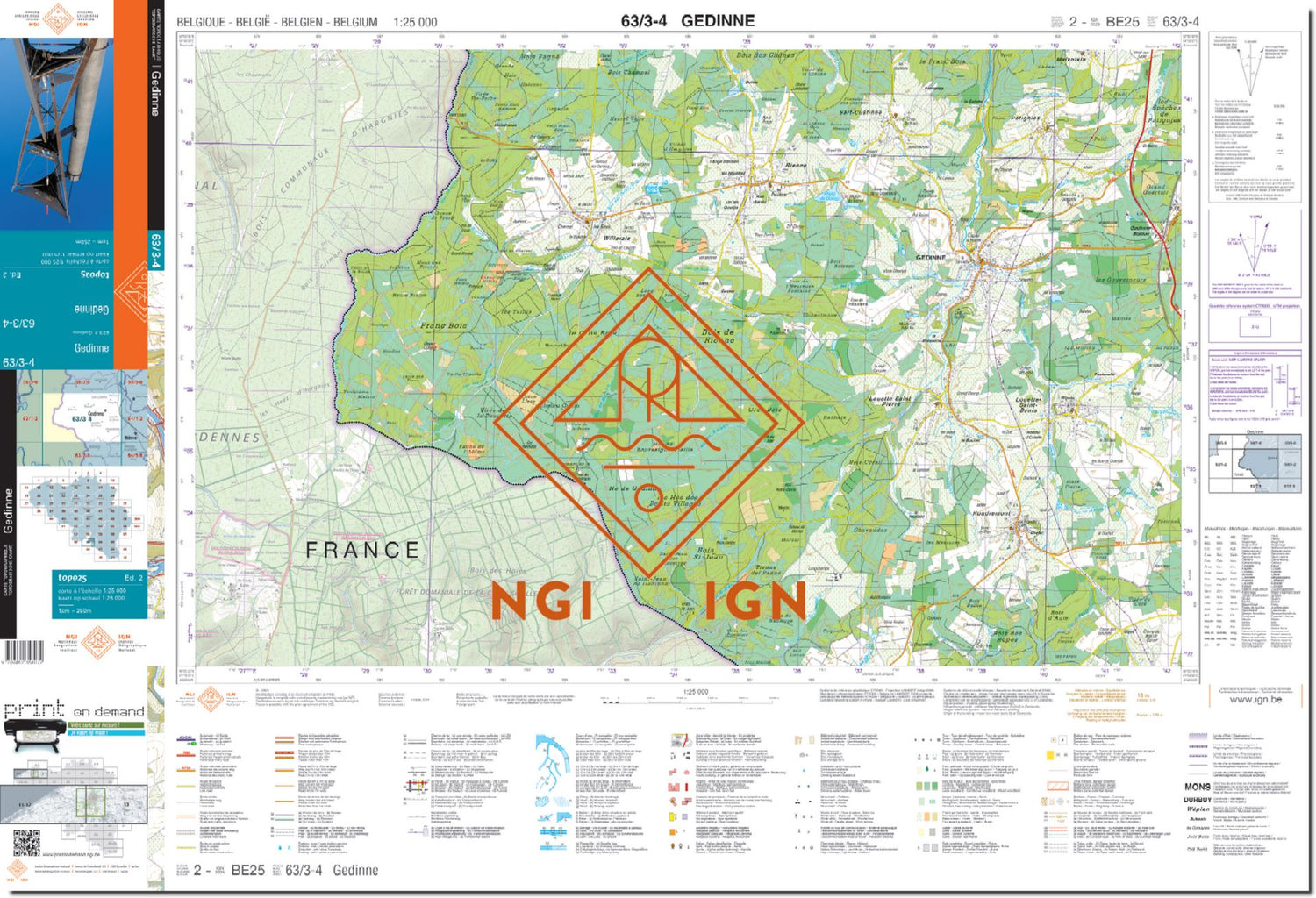 Carte topographique n° 63/3-4 - Gedinne (Belgique) | NGI topo 25 carte de randonnée IGN Belgique 