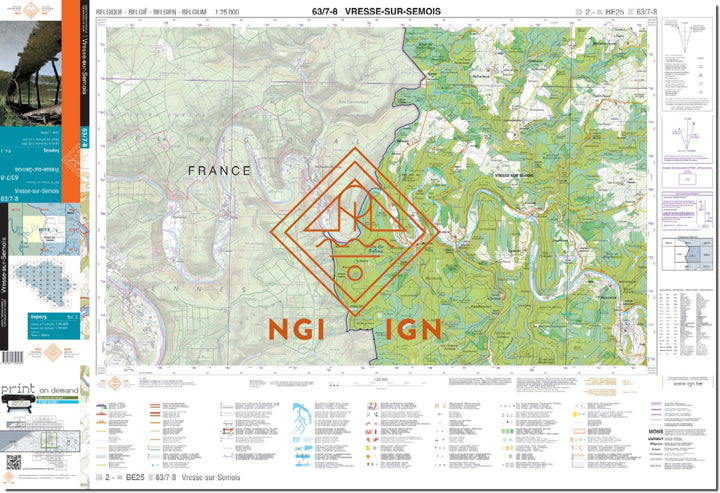Carte topographique n° 63/7-8 - Vresse-sur-Semois (Belgique) | NGI topo 25 carte de randonnée IGN Belgique 
