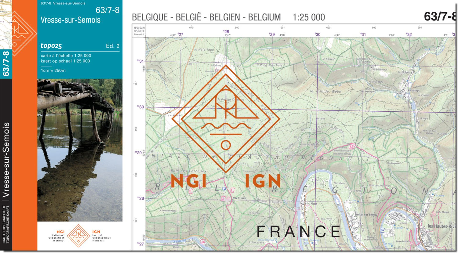 Carte topographique n° 63/7-8 - Vresse-sur-Semois (Belgique) | NGI topo 25 carte de randonnée IGN Belgique 