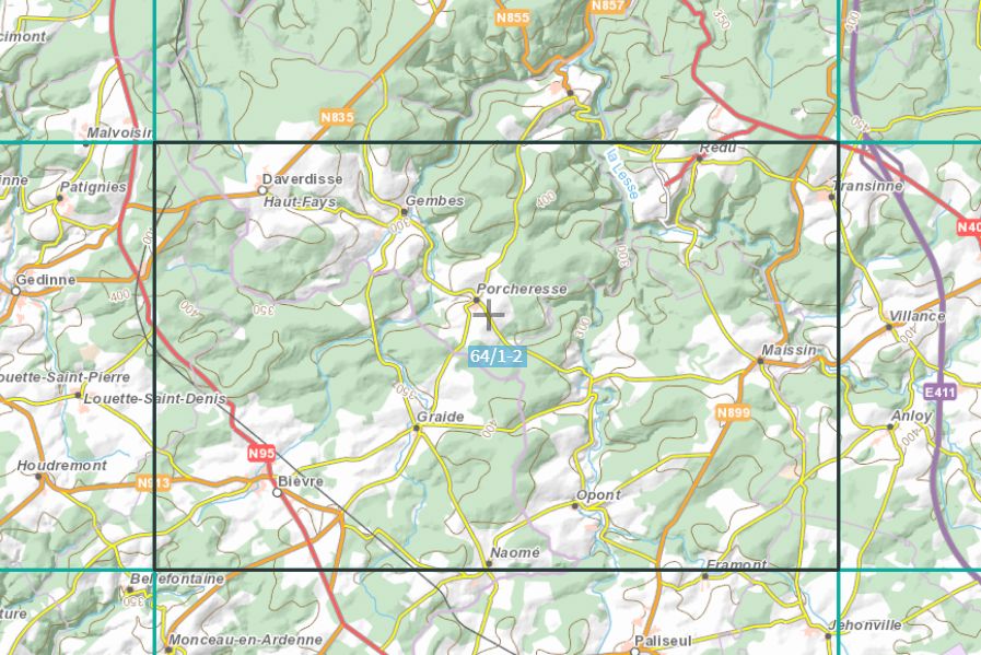 Carte topographique n° 64/1-2 - Bièvre (Belgique) | NGI topo 25 carte de randonnée IGN Belgique 