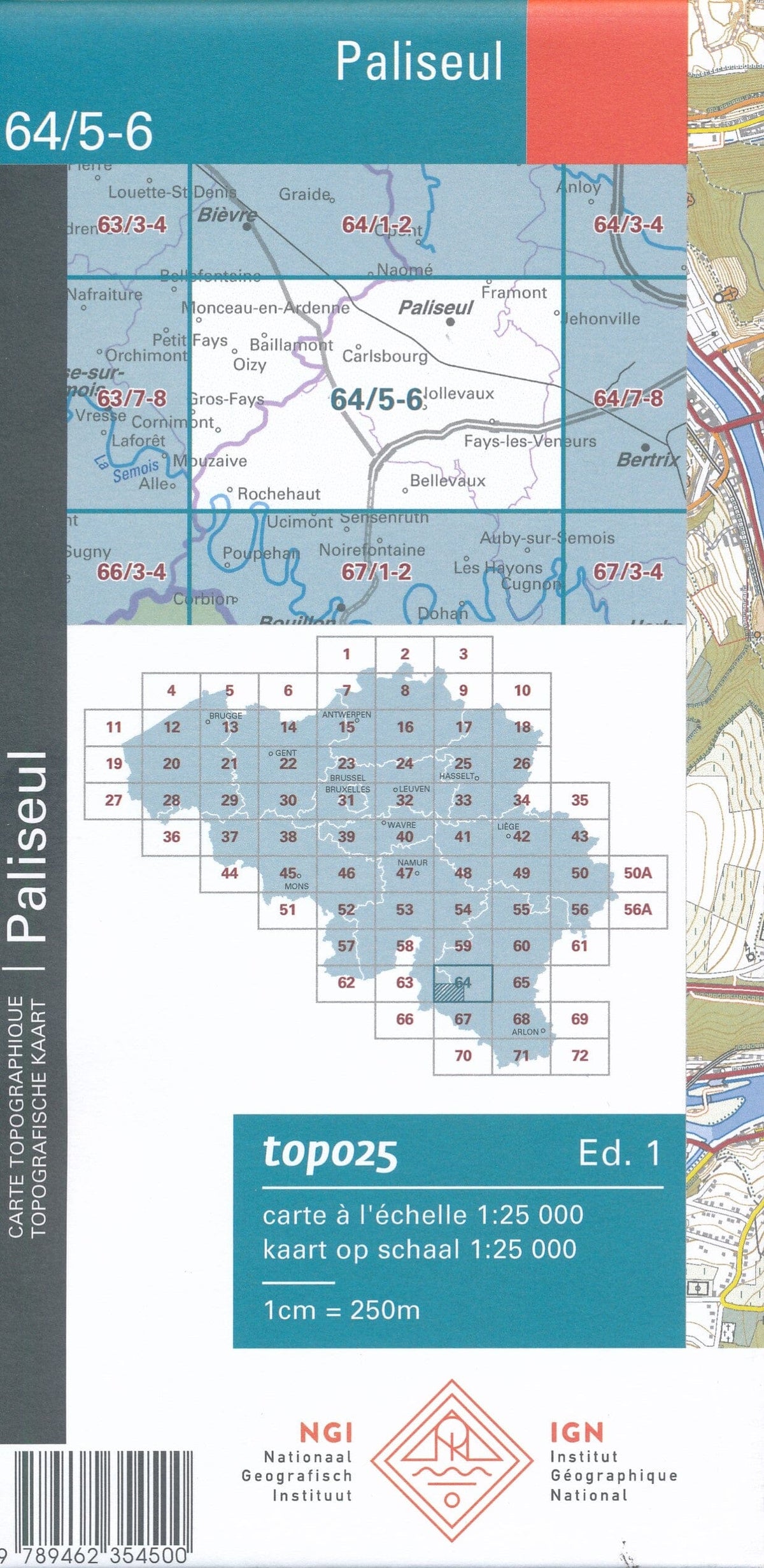 Carte topographique n° 64/5-6 - Paliseul (Belgique) | NGI topo 25 carte de randonnée IGN Belgique 