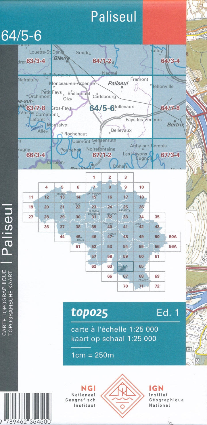 Carte topographique n° 64/5-6 - Paliseul (Belgique) | NGI topo 25 carte de randonnée IGN Belgique 