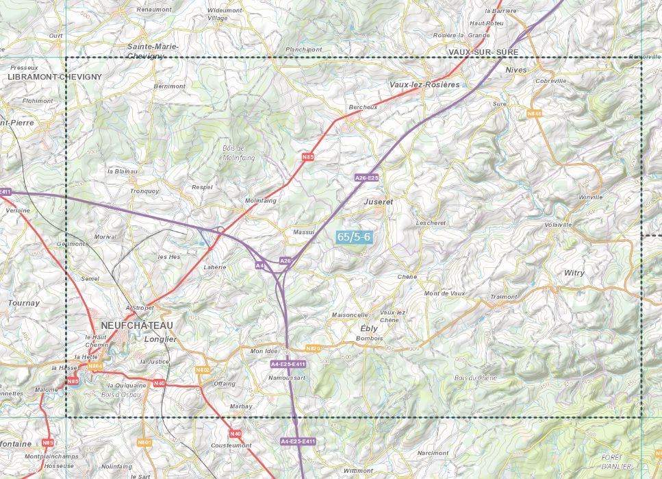 Carte topographique n° 65/5-6 - Neufchâteau (Belgique) | NGI topo 25 carte de randonnée IGN Belgique 