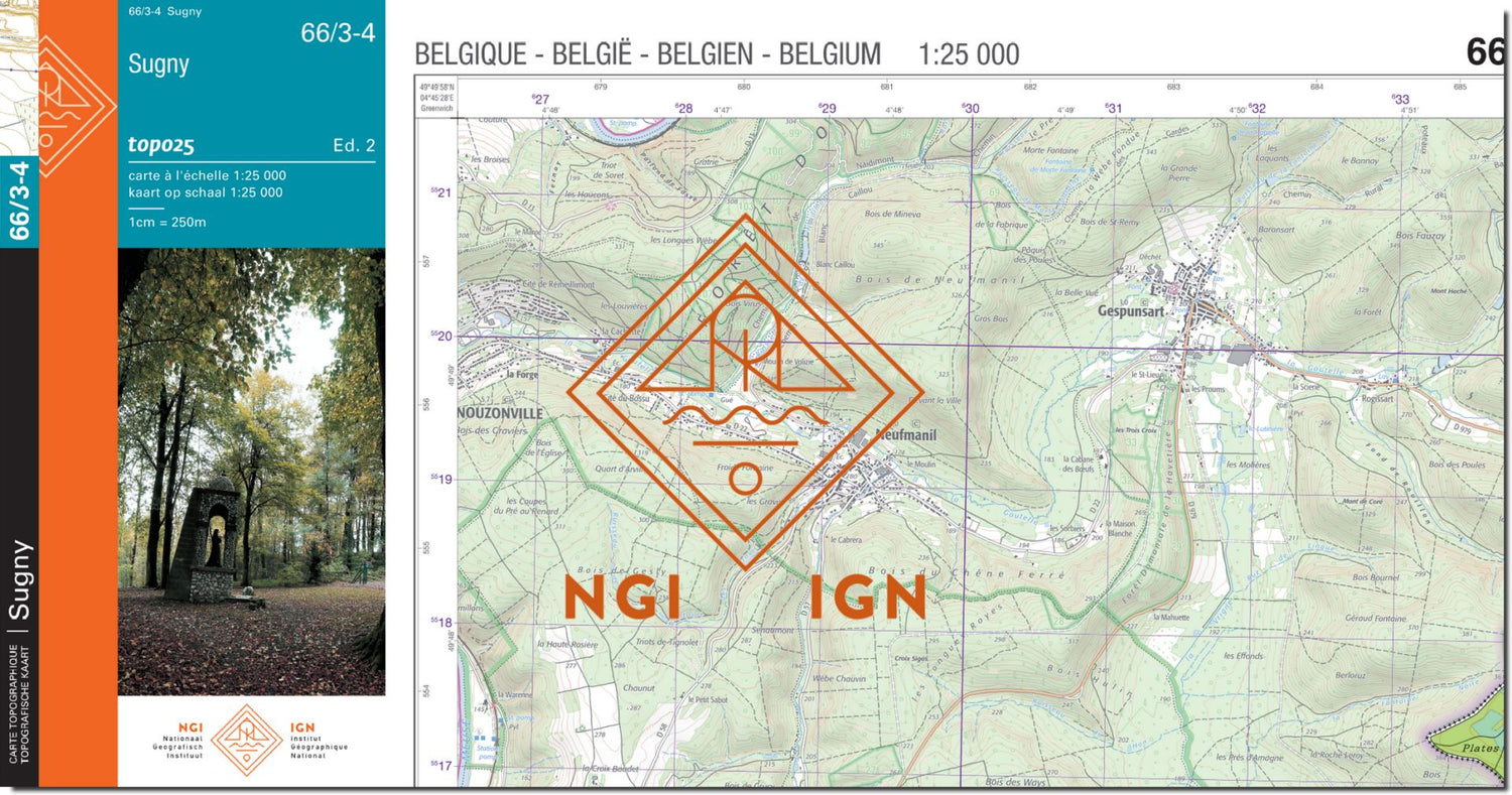 Carte topographique n° 66/3-4 - Sugny (Belgique) | NGI topo 25 carte de randonnée IGN Belgique 