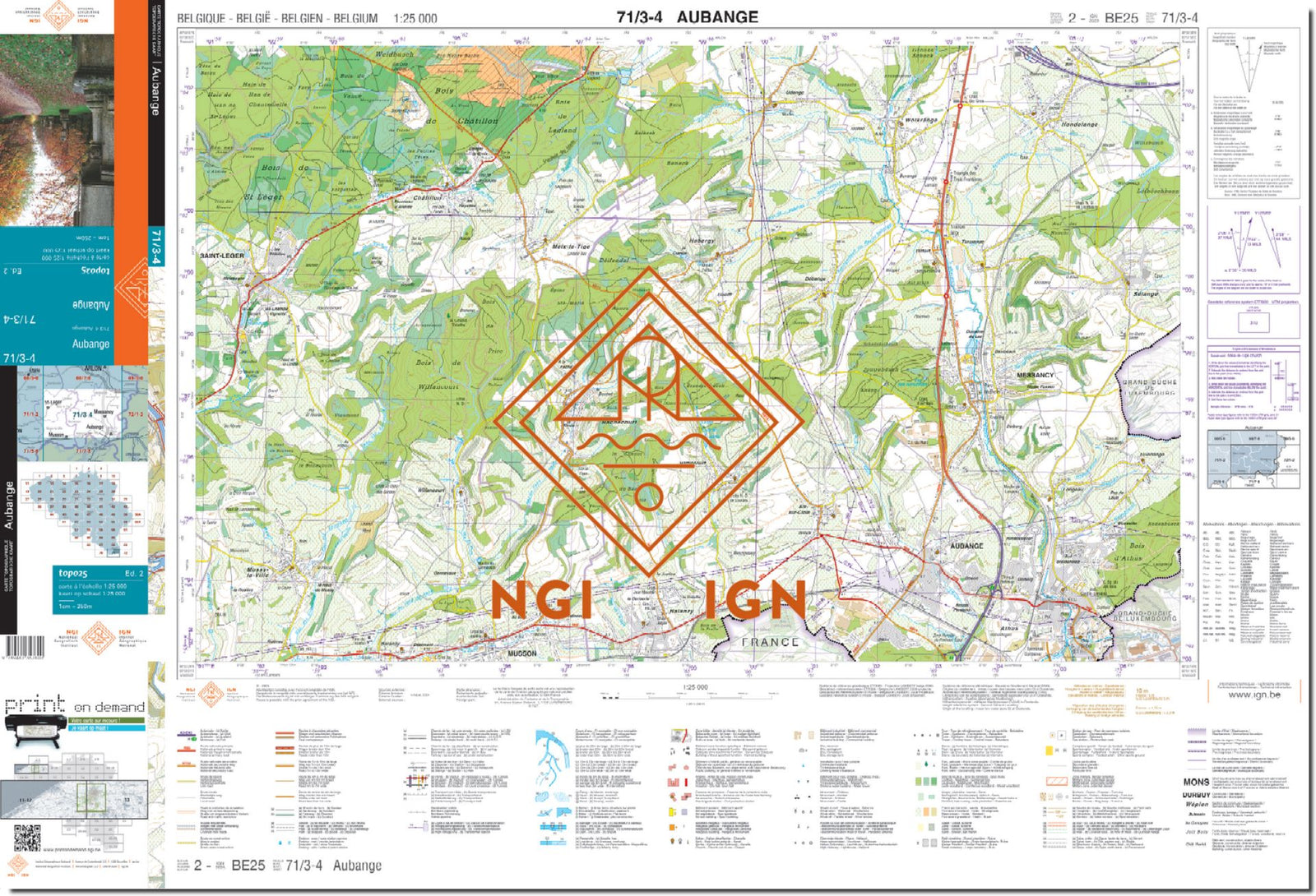 Carte topographique n° 71/3-4 - Aubange (Belgique) | NGI topo 25 carte de randonnée IGN Belgique 