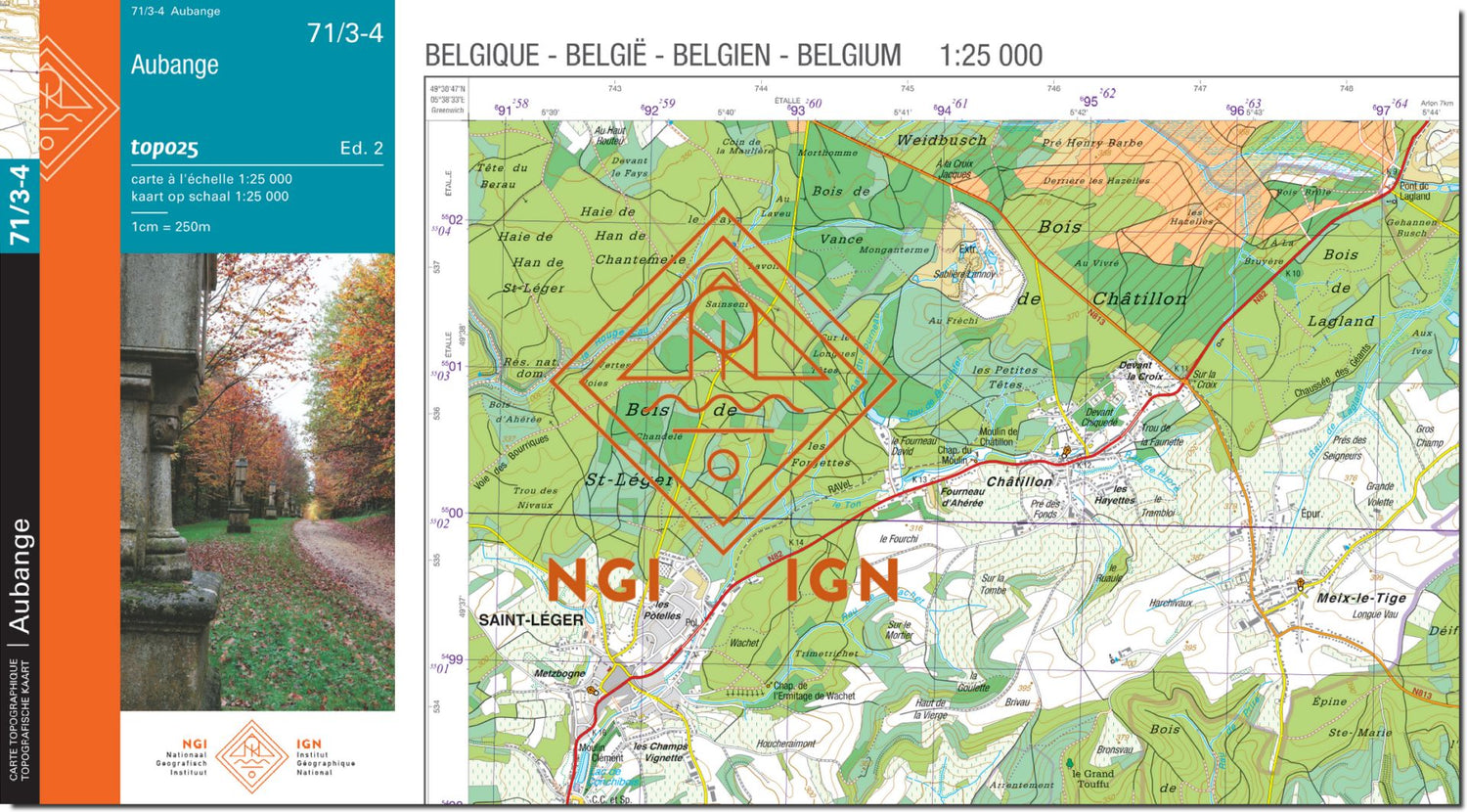 Carte topographique n° 71/3-4 - Aubange (Belgique) | NGI topo 25 carte de randonnée IGN Belgique 