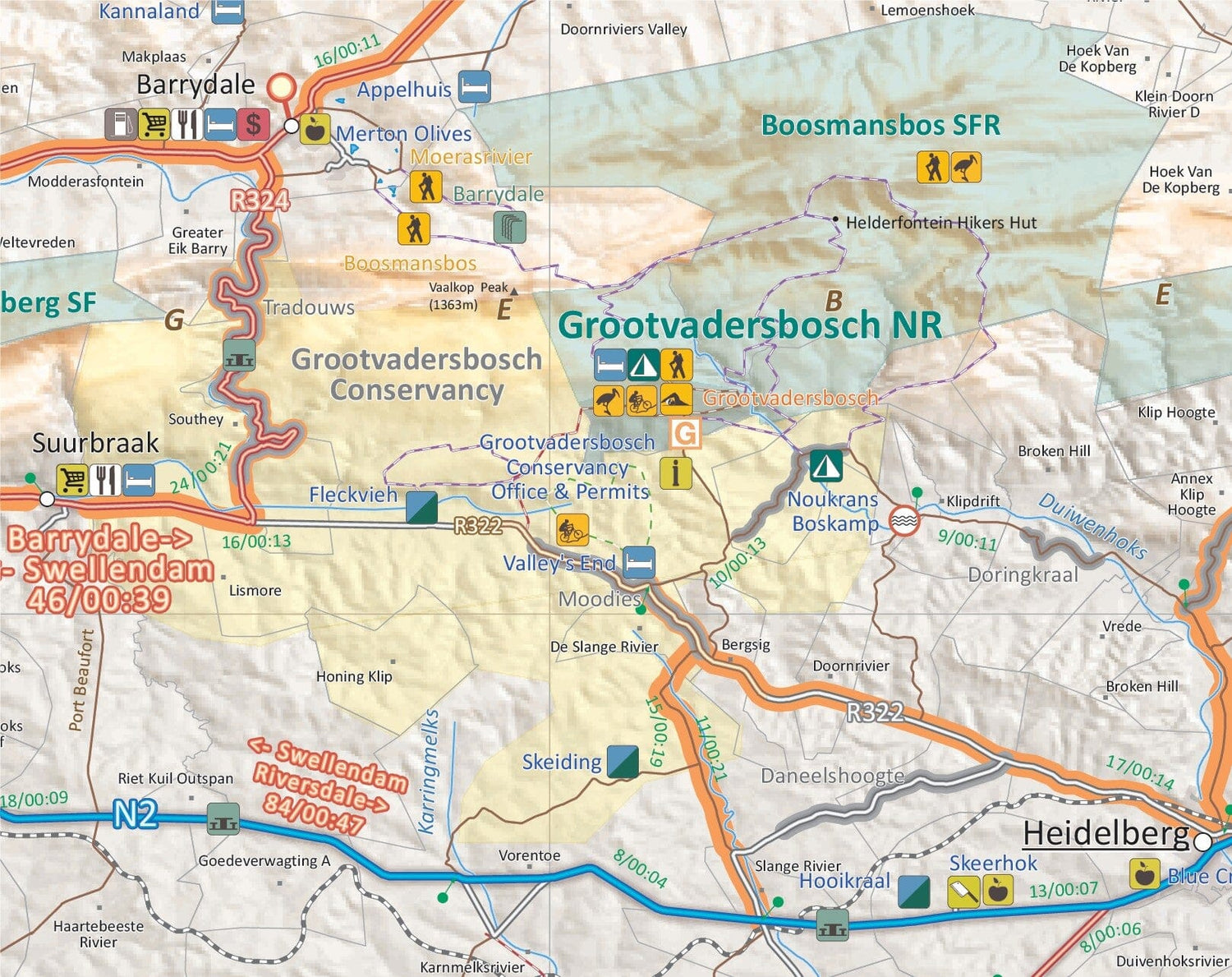 Carte touristique imperméable - Swellendam to Mossel Bay (Afrique du Sud) | Tracks4Africa carte routière Tracks4Africa