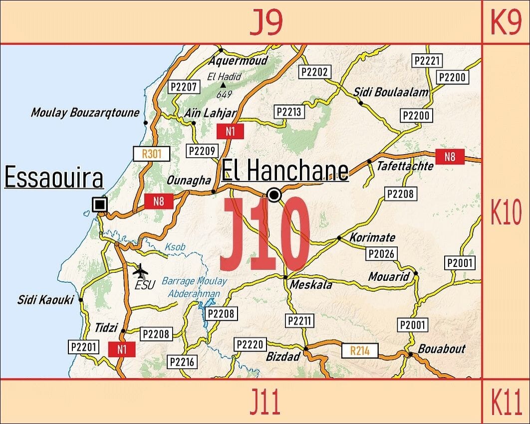 Carte touristique J10 - Essaouira, Sidi-Kaouki, Jbel-El-Hadid (Maroc) | Huber carte routière Huber
