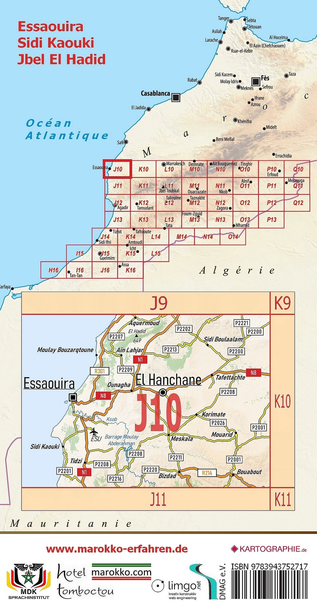 Carte touristique J10 - Essaouira, Sidi-Kaouki, Jbel-El-Hadid (Maroc) | Huber carte routière Huber