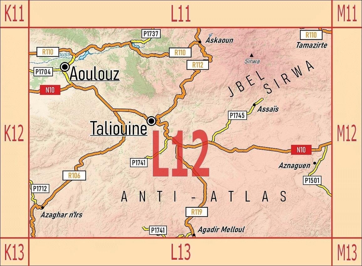 Carte touristique L12 - Taliouine, Aoulouz, Askoun, Agadir Melloul, Jbel Sirwa (Maroc) | Huber carte routière Huber
