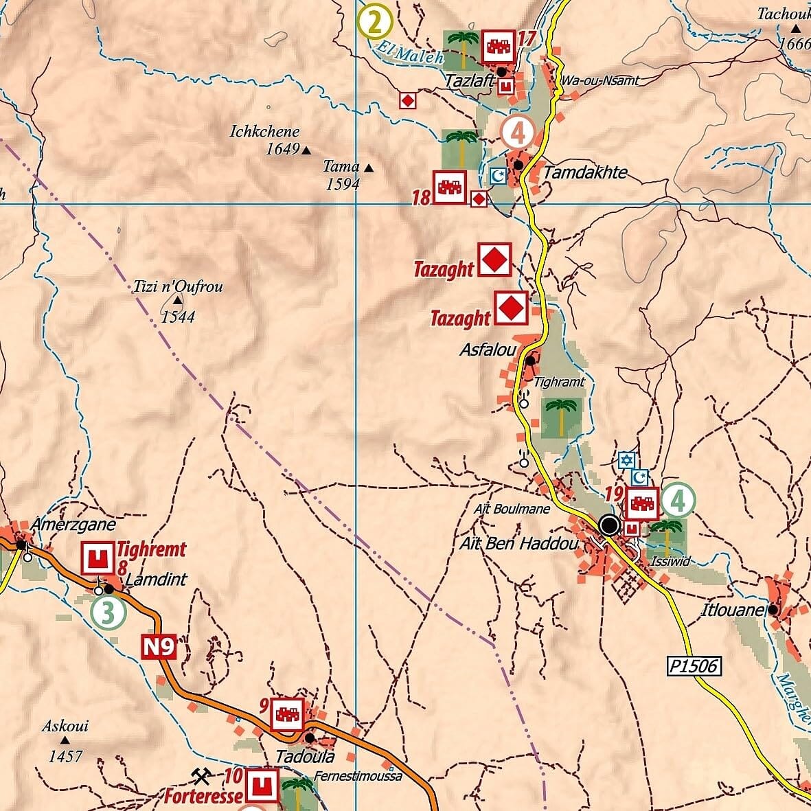 Carte touristique M11 - Aït Ben Haddou, Ouarzazate, Skoura + Route des Kasbahs (Maroc) | Huber carte routière Huber