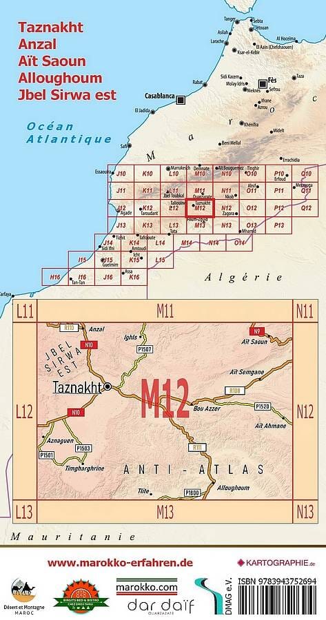 Carte touristique M12 - Taznakht, Anzal, Aït Saoun, Alloughoum, Jbel Sirwa est (Maroc) | Huber carte routière Huber