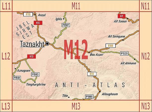 Carte touristique M12 - Taznakht, Anzal, Aït Saoun, Alloughoum, Jbel Sirwa est (Maroc) | Huber carte routière Huber