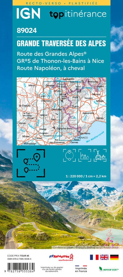 Carte touristique plastifiée - Grande Traversée des Alpes : Route des Grandes Alpes, GR5 | IGN carte routière IGN