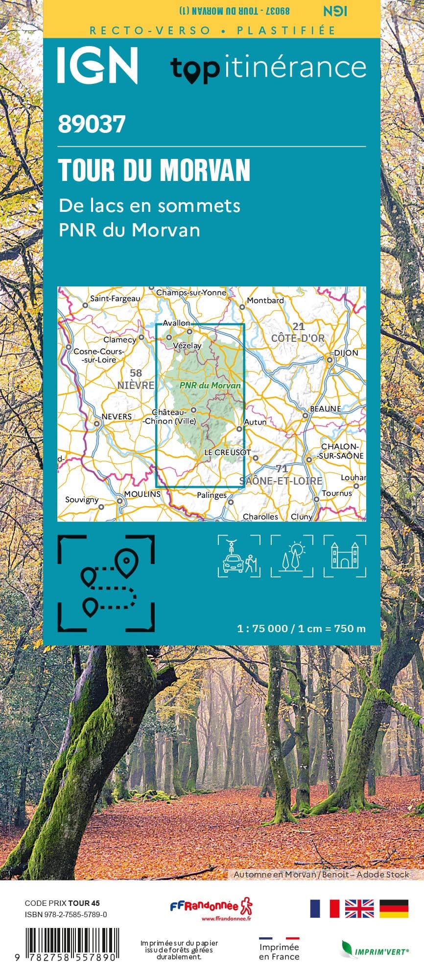 Carte touristique plastifiée - Tour du Morvan | IGN carte de randonnée IGN