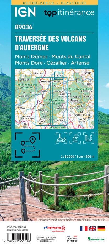 Carte touristique plastifiée - Traversée des Volcans d'Auvergne | IGN carte de randonnée IGN 