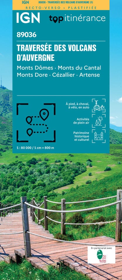 Carte touristique plastifiée - Traversée des Volcans d'Auvergne | IGN carte de randonnée IGN 