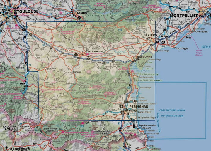 Carte touristique TOP 100 D11 - Aude : Carcassonne, Narbonne, Limoux, Quillan, Canal du Midi | IGN carte routière IGN 