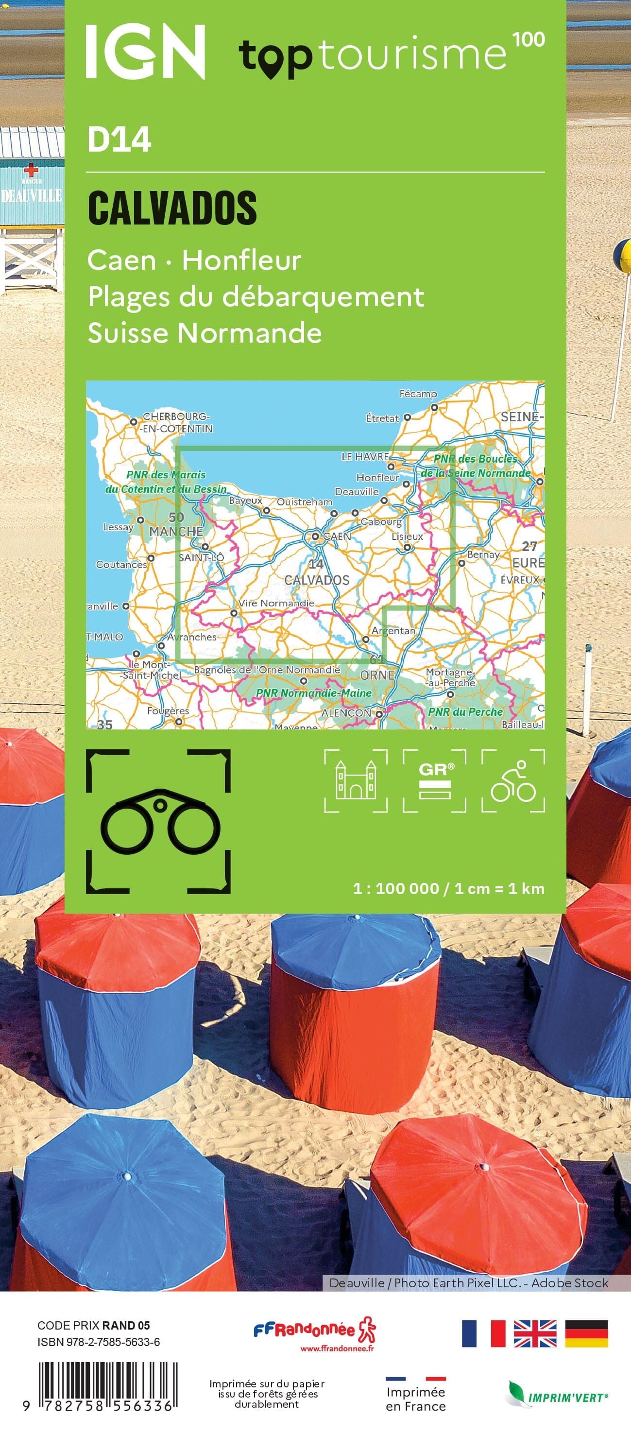 Carte touristique TOP 100 D14 - Calvados : Caen, Honfleur, Plages du Débarquement, Suisse Normande | IGN carte routière IGN