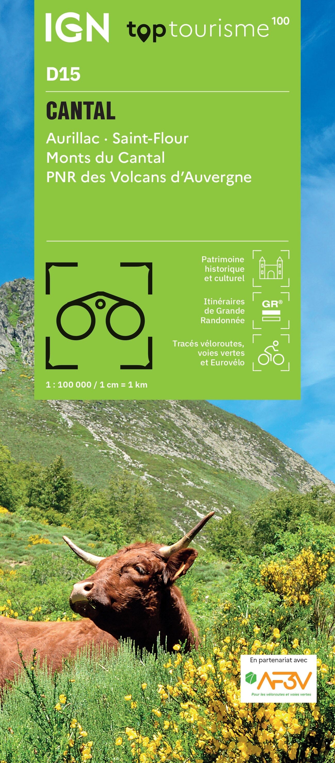 TOP 100 Tourist map D15 Cantal Aurillac, St Flour, Monts du Cantal — free download