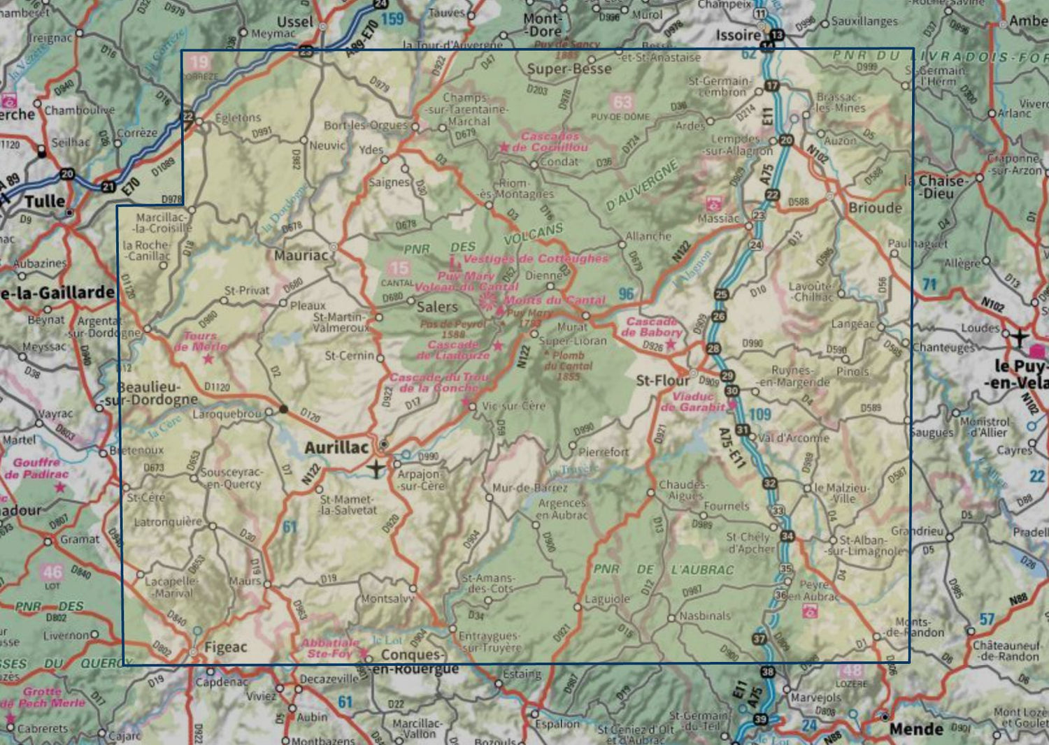 Carte touristique TOP 100 D15 - Cantal : Aurillac, St Flour, Monts du Cantal, Pnr des Volcans d'Auvergne | IGN carte routière IGN 